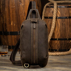 Casual Dark Brown Leather Mens One Shoulder Backpacks Sling Bags Chest Bags for Men