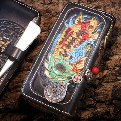 Handmade Leather Carp Mens Tooled Chain Biker Wallet Cool Leather Wallet Long Phone Wallets for Men