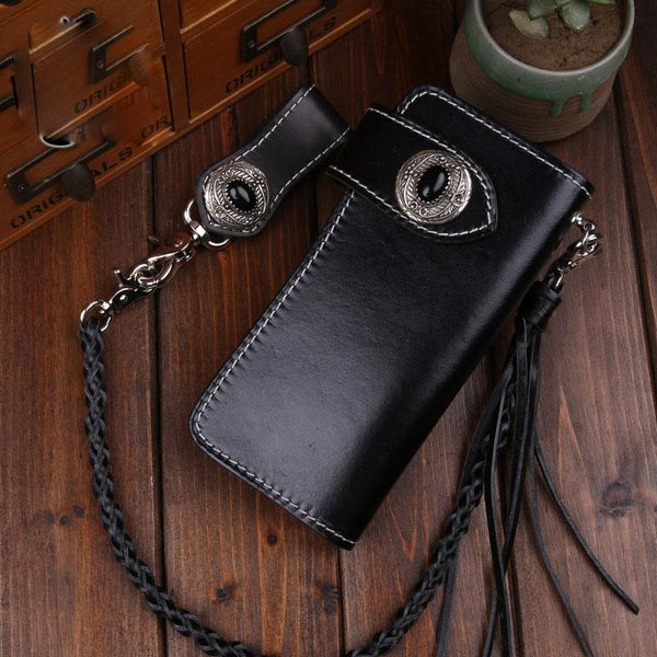 Handmade Leather Mens Cool Long Black Obsidian Chain Wallet Biker Trucker Wallet with Chain