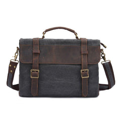 Canvas Leather Mens Vintage Khaki 14'' Briefcase Side Bag Lake Green Messenger Bag Brown Courier Bag for Men