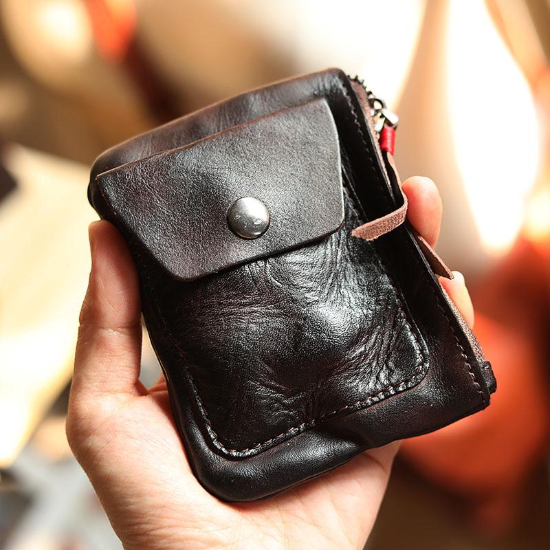 Cool Brown Leather Mens Card Short Wallet Coin Holder Black Change Pouch For Men