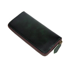 Cool Handmade Mens Brown Long Wallet Blue Bifold Card Wallet Zipper Clutch Wallet For Men