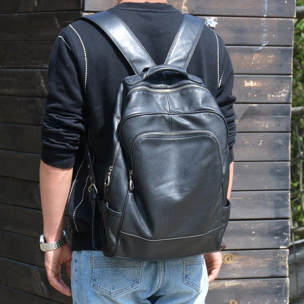 Cool Black Leather Mens Backpacks 15inch Laptop Backpacks School Backpack for Men