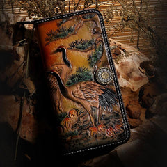 Handmade Leather Mens Clutch Wallet Cool Red-Crowned Crane Tooled Wallet Long Zipper Wallets for Men