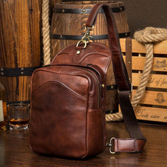 Casual Brown Leather Mens Sling Pack Sling Bags Chest Bags Brown One Shoulder Backpack for Men