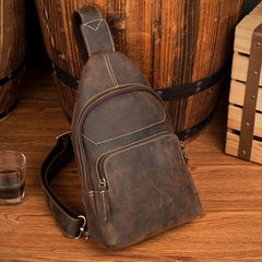 Cool Dark Brown Leather Mens Sling Bags Crossbody Pack One Shoulder Backpack Chest Bag for men