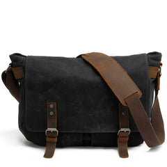 Waxed Canvas Leather Mens Black Waterproof 14‘’ Computer Side Bag Messenger Bag For Men