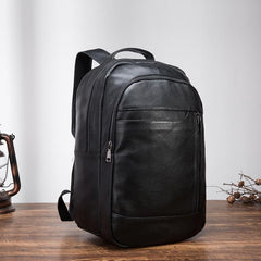 Black Mens Leather Laptop Backpack College Backpack Black Travel Backpack for Men