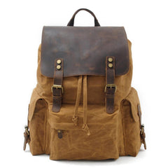 Cool Canvas Leather Mens Waterproof 14'' Computer Backpack Large Hiking Backpack Travel Backpack for Men