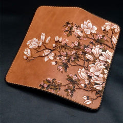 Handmade White Flowers Magnolia denudata Tooled Leather Womens Long Wallet Zipper Clutch For Women