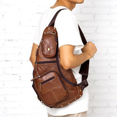 Brown Leather Mens Cool Large Sling Bags Light Brown Crossbody Pack Chest Bag for Men