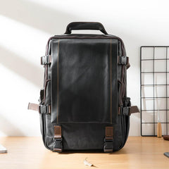 Cool Black Leather Mens 13-inch Computer Backpacks Business Black Travel Backpacks College Backpack for men