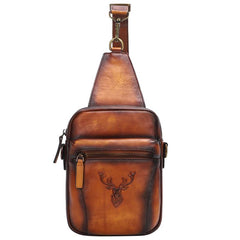 Vintage Brown Leather Deer Womens Men's Sling Bag Chest Bag Sling Pack Sling Backpack For Men