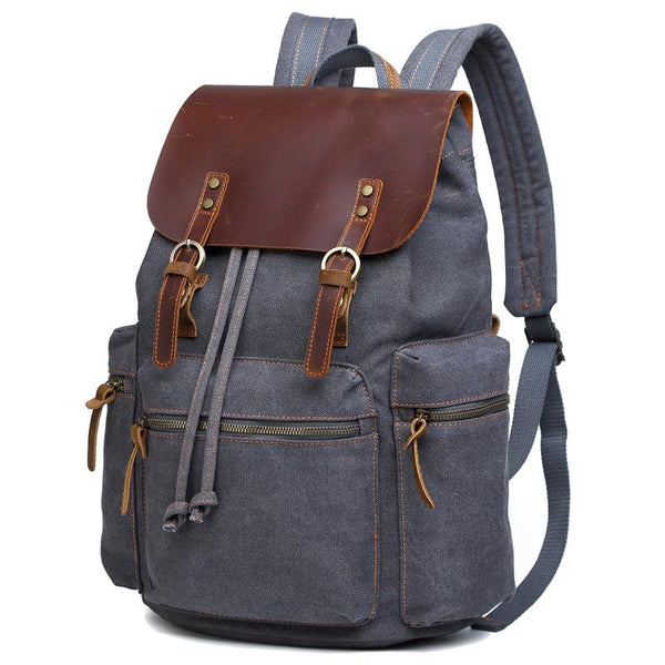 Canvas Leather Women Mens 16" Gray Travel Backpack Brown Computer Bag College Backpack for Men