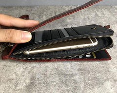 Genuine Leather Mens Cool Long Leather Wallet Cards Phone Zipper Clutch Wristlet Wallet for Men