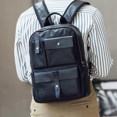 Casual Black Mens Leather School Backpacks Travel Backpacks 14-inch Laptop Backpack for men