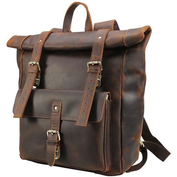 Cool Leather Coffee Rolltop Mens Backpacks Travel Backpack Vintage Backpack for Men