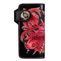 Handmade Mens Cool Tooled Long Carp Leather Chain Wallet Biker Trucker Wallet with Chain