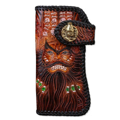 Handmade Mens Cool Tooled Long Zhong Kui demon Leather Chain Wallet Biker Trucker Wallet with Chain