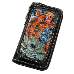 Handmade Leather Carp Mens Tooled Long Chain Biker Wallet Cool Leather Wallet Long Phone Wallets for Men