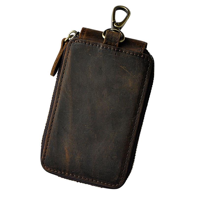 Vintage Brown Leather Mens Small Key Zipper Car Key Wallet Key Holder for Men