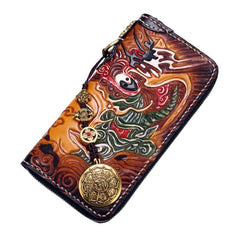 Handmade Leather Buddha&Demon Mens Tooled Long Chain Biker Wallet Cool Leather Wallet With Chain Wallets for Men