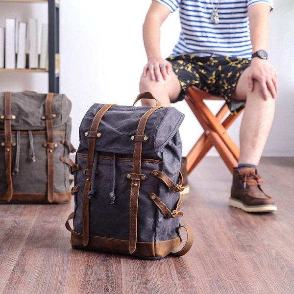 Cool Canvas Leather Mens Womens Dark Gray Backpack Army Green Travel Backpack College Backpack for Men