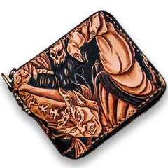 Handmade Leather Chinese Black&White Tooled Mens billfold Wallet Cool Leather Wallet Biker Wallet for Men