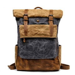 Cool Waxed Canvas Leather Mens Black 15'' Large Waterproof Travel Backpacks Computer Hiking Backpack for Men