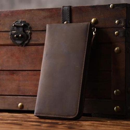 Handmade Leather Mens Cool Long Leather Wallet Zipper Clutch Wallet for Men - iChainWallets