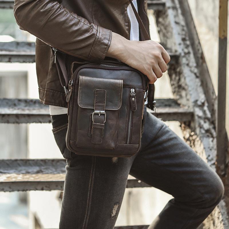 Fashion Brown Leather Mens Small Vertical Side Bag Messenger Bag
