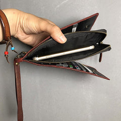 Genuine Leather Mens Cool Long Leather Wallet Cards Phone Zipper Clutch Wristlet Wallet for Men