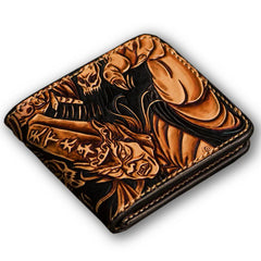 Handmade Leather Chinese Black&White Tooled Mens billfold Wallet Cool Leather Wallet Small Wallet for Men