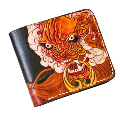 Handmade Leather Chinese Lion Tooled Mens billfold Wallet Cool Leather Wallet Slim Wallet for Men