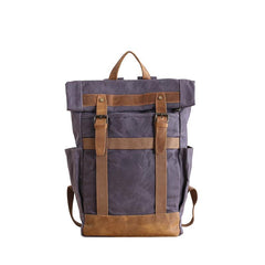 Waxed Canvas Leather Mens 15‘’ Gray College Backpack Travel Backpack Hiking Backpack for Men