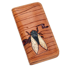 Handmade Leather Mens Clutch Wallet Cool Cicada Tooled Wallet Long Zipper Wallets for Men