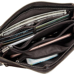 Brown MENS LEATHER Wristlet Wallet SLIM ZIPPER CLUTCH WRISTLET PURSE BAG CLUTCH BAG FOR MEN