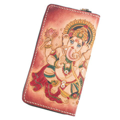 Handmade Leather Mens Clutch Wallet Tooled Cool Ganesha Wallet Long Zipper Wallets for Men