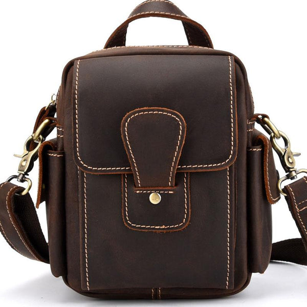 Vintage Brown Leather Mens Small Side Bag Tablet Bag Belt Bag Camera Bag For Men