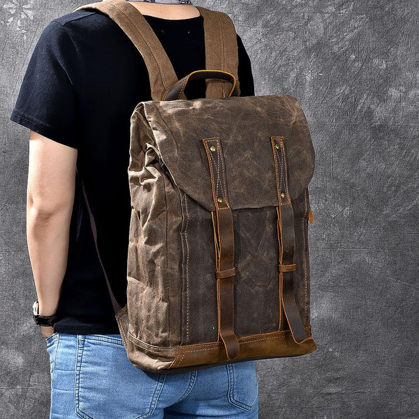 Waxed Canvas Leather Mens 15" Gray Computer Backpack Brown Travel Backpack College Backpack for Men