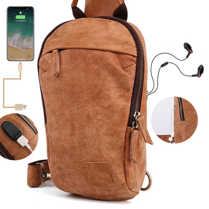 Cool Brown Mens Leather One Shoulder Backpack Chest Bag Sling Bag For Men