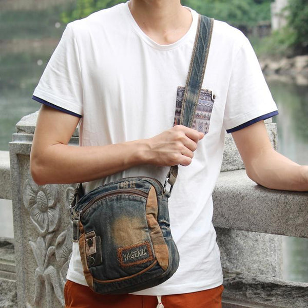 Denim Blue Mens Postman Bag Casual Small Vertical Messenger Bag Jean Courier Bag For Men