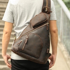 Vintage Large Brown Leather Men's Sling Bag Chest Bag One Shoulder Backpack For Men