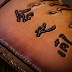 Handmade Leather Mens Clutch Wallets Cool Buddha&Demon Tooled Wallet Long Zipper Wallets for Men