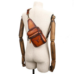Vintage Brown Leather Deer Womens Men's Sling Bag Chest Bag Sling Pack Sling Backpack For Men