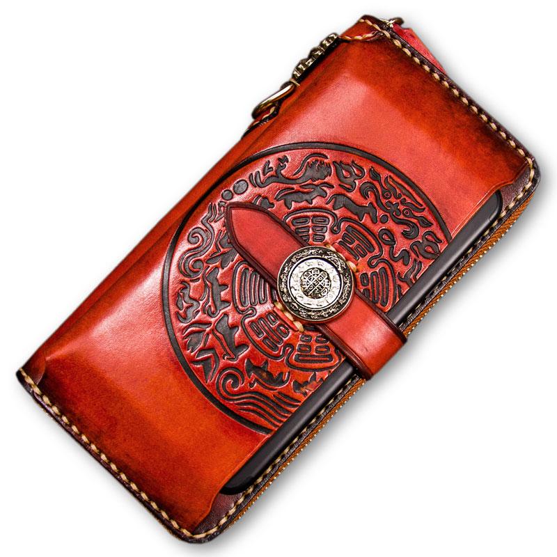 Handmade Black Leather Tibetan Totem Long Wallet Cool Zipper Clutch Wr –  imessengerbags