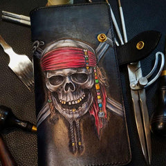 Badass Leather Men's Pirate Skull Long Biker Wallet Handmade Tooled Biker Chain Wallets For Men