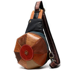 Stitched Brown Leather Men's Sling Bag Circle Shoulder Bag Chest Bag One Shoulder Backpack For Men