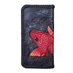 Handmade Leather Mens Clutch Wallet Tooled Cool Carp Wallet Long Zipper Wallets for Men