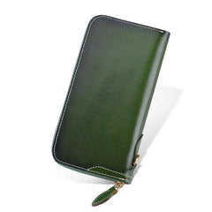 Retro Dark Brown Leather Men's Long Wallet Army Green Simple Long Wallet Clutch For Men
